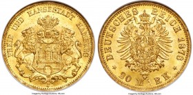 Hamburg. Free City gold 20 Mark 1878-J MS66 NGC, Hamburg mint, KM618. Exceptional luster cascades over both sides while as-struck designs show pinpoin...