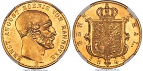 Hannover. Ernst August gold 10 Taler 1849-B MS62 NGC, Hannover mint, KM212. A scarcer issue, with charming satiny surfaces and nearly Prooflike fields...
