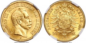 Hesse-Darmstadt. Ludwig III gold 20 Mark 1873-H MS63 NGC, Darmstadt mint, KM351, J-214. Decidedly choice as a whole, with ample luster over the honeye...