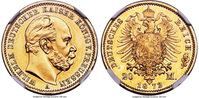 Prussia. Wilhelm I gold Proof 20 Mark 1872-A PR63 NGC, Berlin mint, KM501. Beaut...