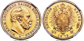 Prussia. Wilhelm I gold Proof 20 Mark 1872-A PR63 NGC, Berlin mint, KM501. Beautiful in hand, the surfaces have toned to a soft, copper-gold color, wh...