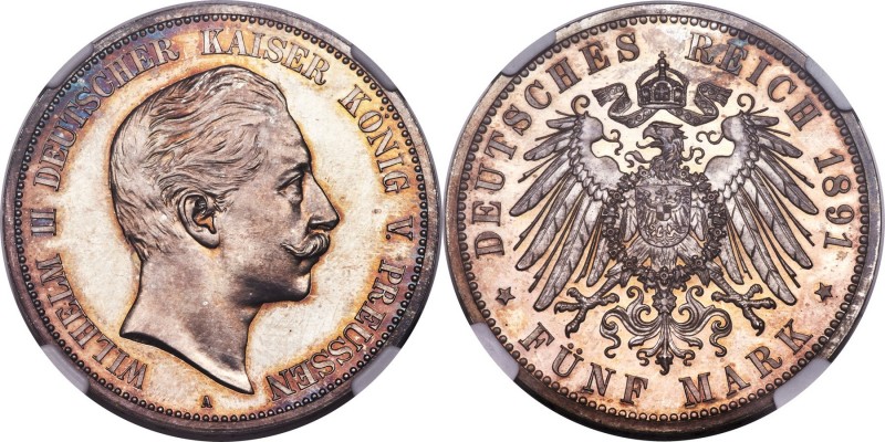 Prussia. Wilhelm II Proof 5 Mark 1891-A PR64 NGC, Berlin mint, KM523, J-104. The...