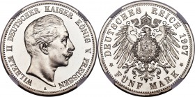 Prussia. Wilhelm II Proof 5 Mark 1907-A PR67+ Ultra Cameo NGC, Berlin mint, KM523, J-104. Simply mind-boggling quality for this already low-mintage Pr...