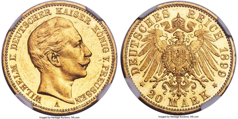 Prussia. Wilhelm II gold Proof 20 Mark 1899-A PR62 Cameo NGC, Berlin mint, KM521...