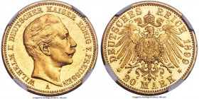 Prussia. Wilhelm II gold Proof 20 Mark 1899-A PR62 Cameo NGC, Berlin mint, KM521, Fr-3831, J-252. A difficult Proof showcasing frosted devices and pre...