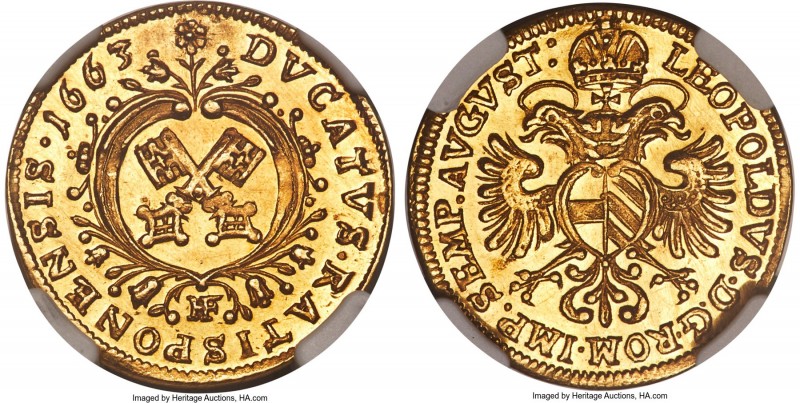 Regensburg. Free City gold Ducat 1663-HF UNC Details (Plugged) NGC, KM160, Fr-24...