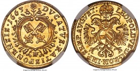 Regensburg. Free City gold Ducat 1663-HF UNC Details (Plugged) NGC, KM160, Fr-2483. With the name and titles of Leopold I. Exhibiting evidence of plug...