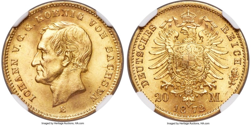 Saxony. Johann gold 20 Mark 1872-E MS66 NGC, Dresden mint, KM1233. Ultra-satiny ...