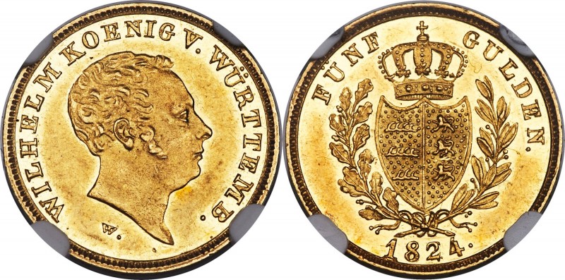 Württemberg. Wilhelm I gold 5 Gulden 1824-W AU58 NGC, Stuttgart mint, KM562, Fr-...