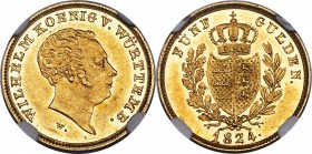 Württemberg. Wilhelm I gold 5 Gulden 1824-W AU58 NGC, Stuttgart mint, KM562, Fr-3613. Only an even scattering of light handling across the lustrous fi...