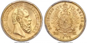 Württemberg. Karl I gold 20 Mark 1873-F MS65 PCGS, Stuttgart mint, KM622, J-290, Fr-3870. Bright and satiny, luster bouncing readily from the impressi...