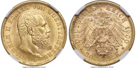 Württemberg. Wilhelm II gold 20 Mark 1900-F MS66 NGC, Stuttgart mint, KM634, J-296. An elite representative decorated in profound golden brilliance an...