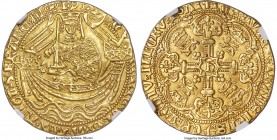 Henry V gold Noble ND (1413-1422) AU58 NGC, Tower mint, S-1742, N-1371. 6.86gm. Class C, with broken annulet on ship's side and mullet by king's sword...