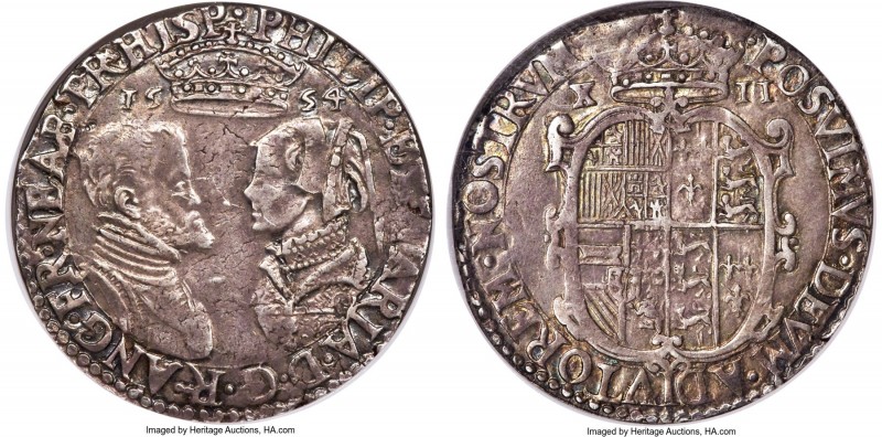 Philip II of Spain & Mary I (1554-1558) Shilling 1554 XF40 NGC, Tower mint, S-25...