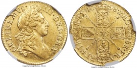 William III gold Guinea 1698 AU Details (Cleaned) NGC, KM498.1, S-3460, Fr-313. A lustrous representative exhibiting far better preservation than is n...
