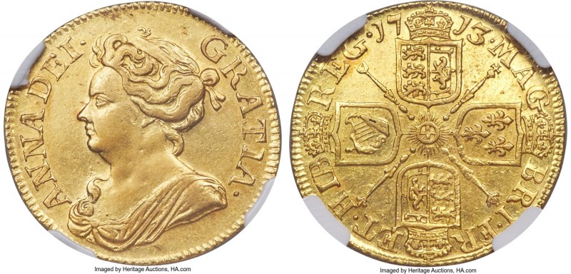 Anne gold Guinea 1713 AU Details (Obverse Repaired) NGC, KM534, S-3574. Only lig...