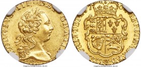 George III gold 1/4 Guinea 1762 MS66 NGC, KM592, S-3741. Notable as a one-year type (Quarter Guineas were only struck in two years, this and 1718), an...