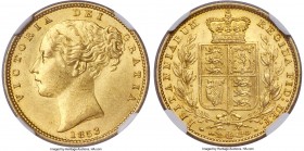 Victoria gold Sovereign 1853 MS63 NGC, KM736.1, S-3852C. W.W. raised on truncation. Satiny and choice, the surfaces defined by a rich golden luster th...