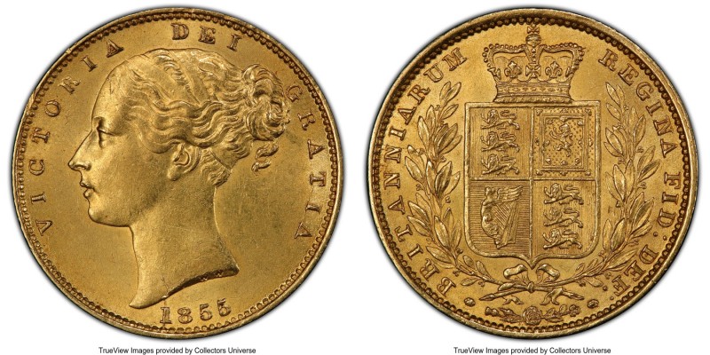 Victoria gold Sovereign 1855 MS63 PCGS, KM736.1, S-3852D. W.W. incuse on truncat...