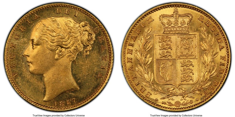 Victoria gold Sovereign 1857 MS63 PCGS, KM736.1, Fr-387e, S-3852D. A scarcer dat...