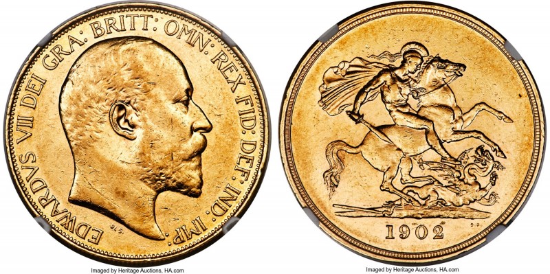 Edward VII gold 5 Pounds 1902 AU50 NGC, KM807, S-3965. Ample luster remains in t...