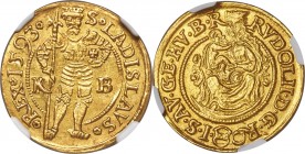 Rudolf II gold Ducat 1593-KB MS62 NGC, Kremnitz mint, KM-MB258, Fr-63, Husz-1002. 3.46gm. S • LADISLAVS • | • REX • 1593 •, St. Ladislaus standing fac...