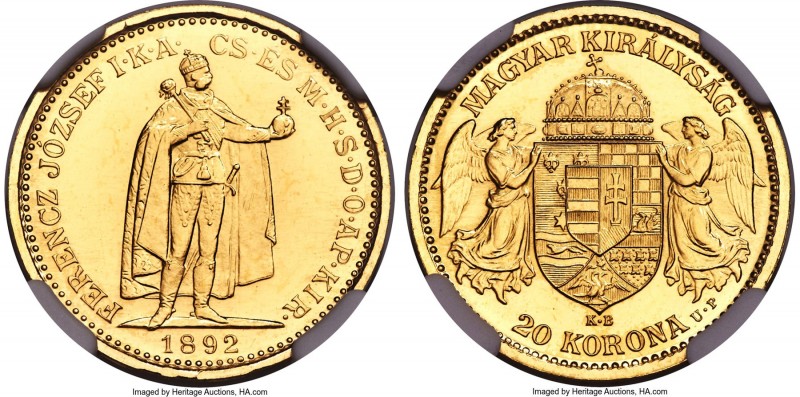 Franz Joseph I gold Proof Restrike 20 Korona 1892-KB PR67 NGC, Kremnitz mint, KM...