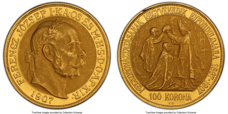 Franz Joseph I gold "Coronation Anniversary" 100 Korona 1907-KB MS63 PCGS, Kremn...