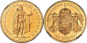 Franz Joseph I gold 100 Korona 1908-KB MS60 NGC, Kremnitz mint, KM491, Fr-249. Original striking, from a mintage of only 4,038 pieces. Nicer than one ...