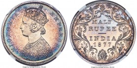 British India. Victoria Proof Restrike 1/2 Rupee 1877-(c) PR67 S NGC, Calcutta mint, KM491, S&W-6.171. Type A bust, Type II reverse. Virtually immacul...