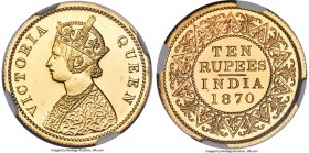 British India. Victoria gold Proof Restrike 10 Rupees 1870-(c) PR62 NGC, Calcutta mint, KM479, Prid-32, S&W-4.18. Reeded edge. CM initials on truncati...