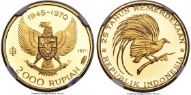 Republic gold Proof "Great Bird of Paradise" 2000 Rupiah 1970 PR69 Ultra Cameo NGC, KM28, Fr-5. Mintage: 2,970. Struck in commemoration of the 25th An...