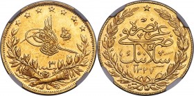 Ottoman Empire. Mehmed V gold "Mint Visit" 100 Kurush AH 1327 Year 3 (1911/1912) MS63 NGC, Mint given as Salonika, though struck at Istanbul (in Turke...