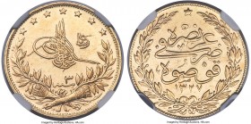 Ottoman Empire. Mehmed V gold "Mint Visit" 100 Kurush AH 1327 Year 3 (1911/1912) MS62 NGC, Mint given as Kosova, though struck at Islambul (in Turkey)...