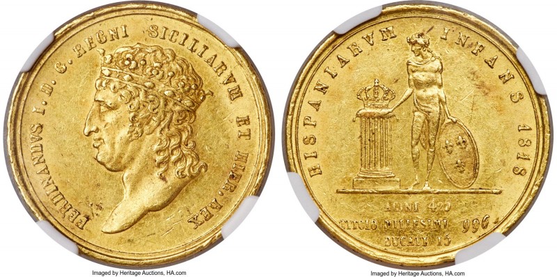Naples & Sicily. Ferdinand I gold 15 Ducati 1818 MS61 NGC, KM287, Fr-856. A grat...