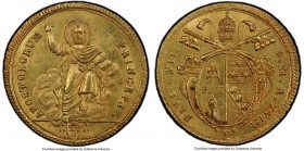 Papal States. Pius VII gold Doppia Anno XVIII (1817)-R MS63 PCGS, Rome mint, KM1076, Fr-248. An impressively rendered Doppia depicting the ethereal fi...