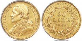 Papal States. Pius IX gold 50 Lire Anno XXII (1868)-R AU58 PCGS, Rome mint, KM1388, Fr-279, Pag-523. Mintage: 1,172. A premium example of this rare ty...