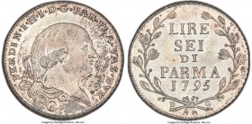 Parma. Ferdinando di Borbone 6 Lire 1795 MS64 NGC, KM-C9, MIR-1073/1. An excellent and Prooflike example of this scarce issue, showcasing sound reflec...