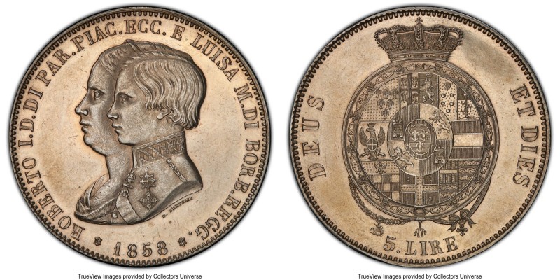 Parma. Roberto I di Borbone 5 Lire 1858 MS62 Prooflike PCGS, KM-C36. A lesser-se...