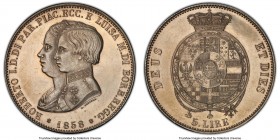 Parma. Roberto I di Borbone 5 Lire 1858 MS62 Prooflike PCGS, KM-C36. A lesser-seen issue, the clear consequence of the sparse original mintage of mere...