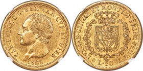 Sardinia. Carlo Felice gold 80 Lire 1828 (Anchor)-P AU58 NGC, Genoa mint, KM123.2. A type rarely encountered so fine, exemplified by the observation t...