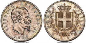 Vittorio Emanuele II 5 Lire 1865 T-BN MS65 NGC, Turin mint, KM8.1. A superb and original gem conveying satiny luster over fields gently decorated in a...