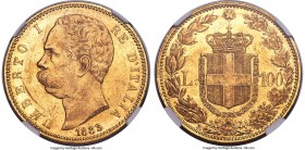 Umberto I gold 100 Lire 1883-R MS60 NGC, Rome mint, KM22, Fr-18, Mont-3, Gig-3. Bust of King Umberto I left, with date below. Rev. Crowned arms dividi...