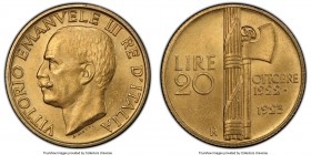 Vittorio Emanuele III gold 20 Lire 1923-R MS64 PCGS, Rome mint, KM64, Fr-31. A uniformly canary-yellow example of this fascist-era Italian gold, drape...