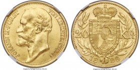Johann II gold 20 Kronen 1898 AU58 NGC, Vienna mint, KM-Y6, Fr-12. Mintage: 1,500. A scarcer gold type displaying an appearance that is virtually Mint...