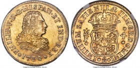Philip V gold 4 Escudos 1734/3 Mo-MF AU58+ NGC, Mexico City mint, KM135, Fr-9, Cal-239. A magnificent example of this first year of issue of this popu...