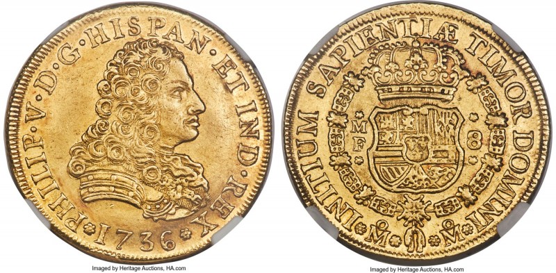 Philip V gold 8 Escudos 1736 Mo-MF AU55 NGC, Mexico City mint, KM148, Onza-429. ...