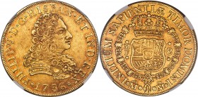 Philip V gold 8 Escudos 1736 Mo-MF AU53 NGC, Mexico City mint, KM148, Onza-429. A pleasing piece, well-centered and with an especially bold reverse st...