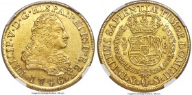 Philip V gold 8 Escudos 1746 Mo-MF AU55 NGC, Mexico City mint, KM148, Fr-8. Bordered by sharp legends that run adjacent to gently upsloping rims along...