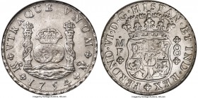 Ferdinand VI 8 Reales 1754 Mo-MF MS61 NGC, Mexico City mint, KM104.1. Presenting even salt-white color over Mint State surfaces, hardly any weakness d...